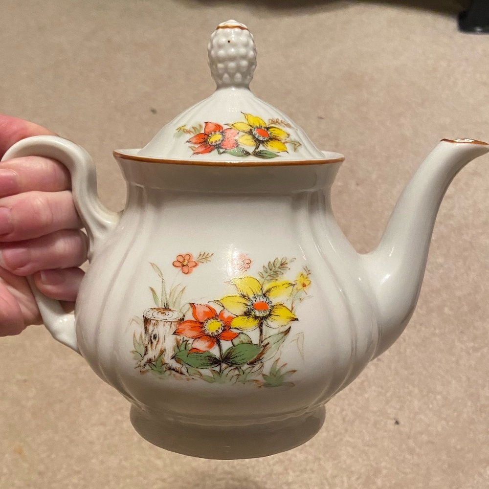 Porcelain Floral Teapot from Japan with Brown Trim